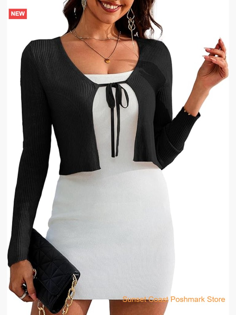 Womens Shrug Sweater Tie Front Long Sleeve Rib Knit Bolero Open Front Cropped